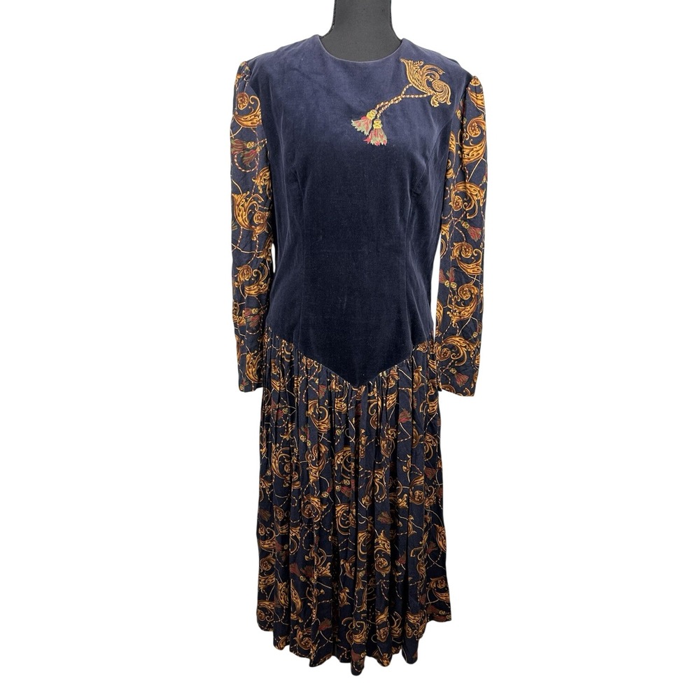 Donna Morgan Non Stop Vintage Navy Velvet Baroque Print Drop Waist Midi Dress 12